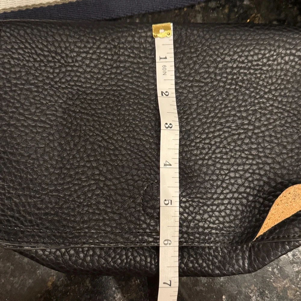 Barneys New York Black Pebbled Leather Messenger Bag with Striped Strap